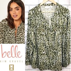 Animal Print Top Olive Tan Gold Zipper Pockets Long Sleeve Leopard Cheetah Tunic